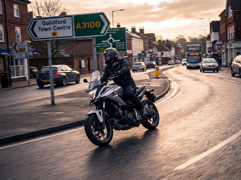 Guy commuting on motorcycle through Guildford